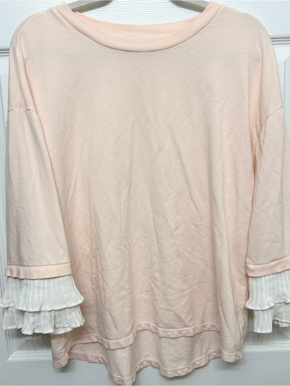 Kaari Blue L Blush Ruffle Sleeve Top High Low Hem Soft Knit Blouse